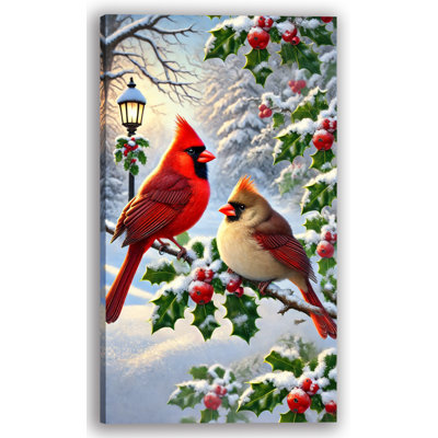 Winter Cardinals: Snowy Berries and Birds, reproduction d'art sur toile tendue