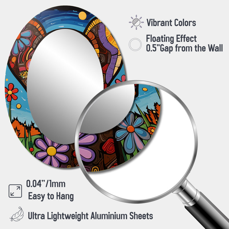 Geometric Multicolor Flower Dog Portrait - Animals Oval Decorative Mirror On Metal, 40" x 30"