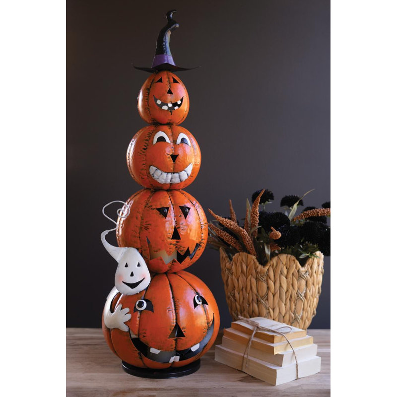 FOUR STACK PAINTED JACK-O-LANTERN WITH WITCH HAT