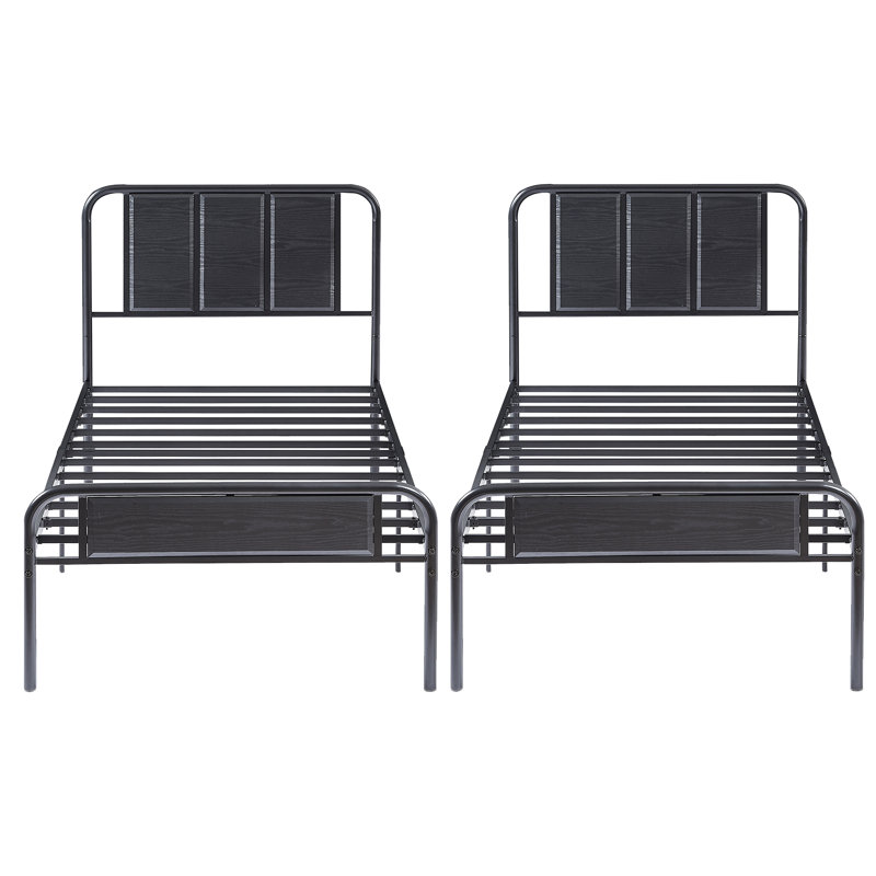 Sabriya Set of 2 Twin Bed Frame with Wood Headboard and Footboard, 2-Pack Twin Size Metal Platform Bed with Heavy Duty Steel Slats Support, No Box Spring Needed, Perfect for Kids’ Room, Guest Room, or Dorm