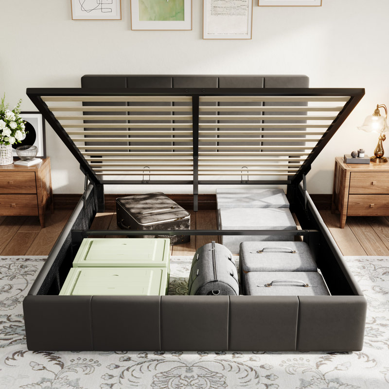 Hydraulic Lift Up Upholstered Platform Bed with Adjustable Headboard, Black, Queen