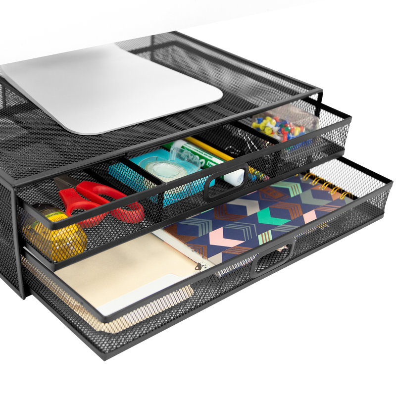 Mount-It! Computer Monitor Stand With Drawers, Metal Mesh Riser & Organizer For Laptop and Computer, Black