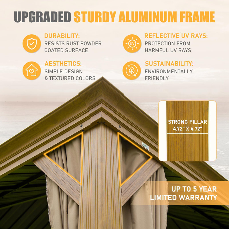 Hardtop Gazebo, Permanent Metal Gazebo With Galvanized Steel Double Roof And Aluminum Frame, Curtain And Netting, Large Pavilion Gazebo, Wood Looking
