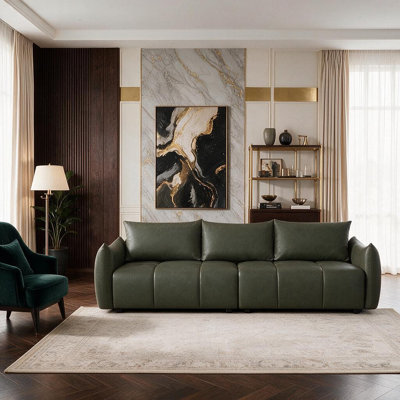 4-Seater Puffy Modular Sectional Faux Leather Sofa, Oversized Deep Seat Curved Arm Couch, Solid Wood Frame, , Modern Retro Industrial Living Room Sofa