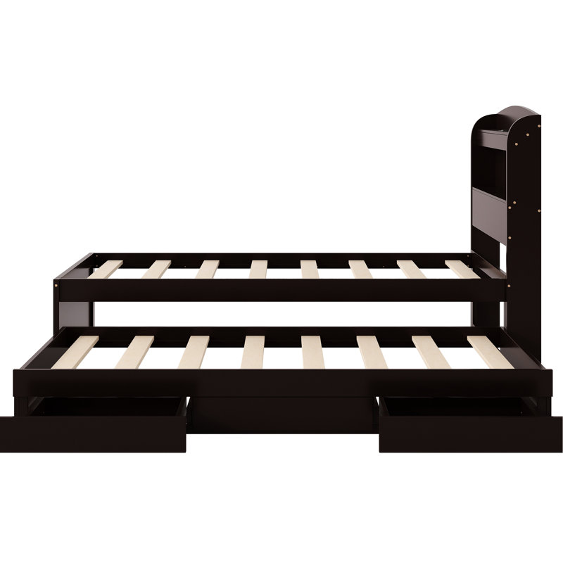 Lit plateforme simple TG avec rangement, 2 tiroirs et lit gigogne, tête de lit à DEL brun foncé, tiroirs, teinte