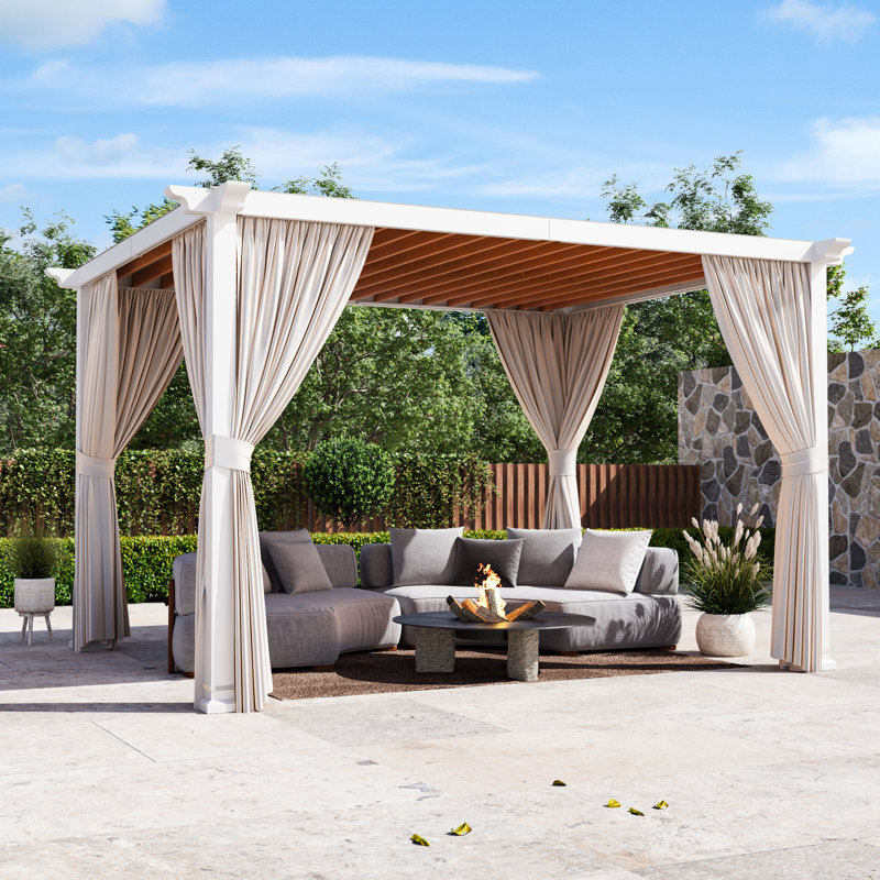 Palisade 10‘ X 12' Steel Frame Outdoor Patio Pegola With Slats Roof And Privacy Curtains For Backyard Garden And Deck Party