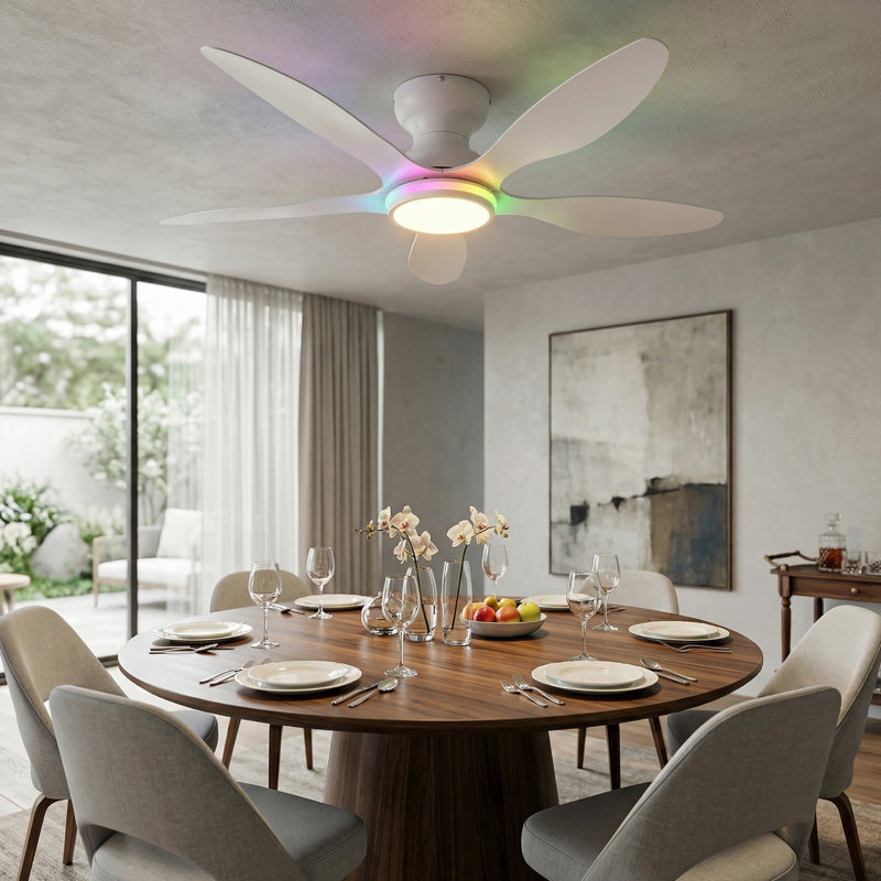 46" White Flush Mount Ceiling Fans with RGB, 46" Wide, White, Muti White