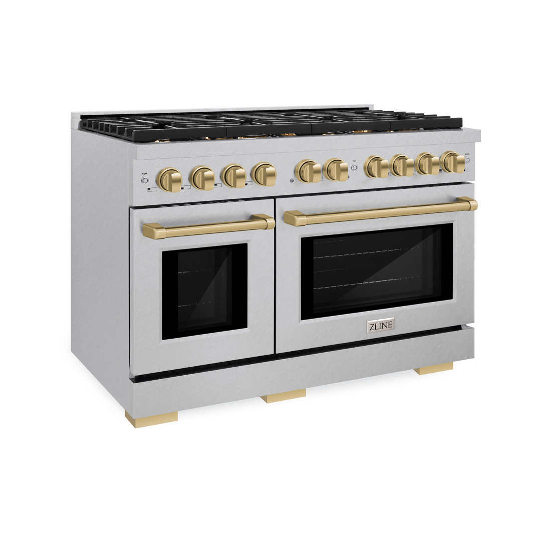 ZLINE Autograph Edition 48 in. 6.7 cu. ft. Paramount Double Oven Gas Range with 8 Burner Cooktop in Satin Stainless Steel and Accents ZLINE