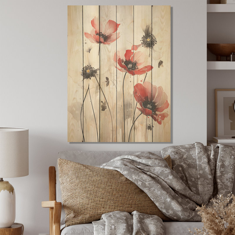 Minimalisme rouge blanc boutons d'or - Art mural en bois sur bois de pin naturel, H 32 po x l 24 po