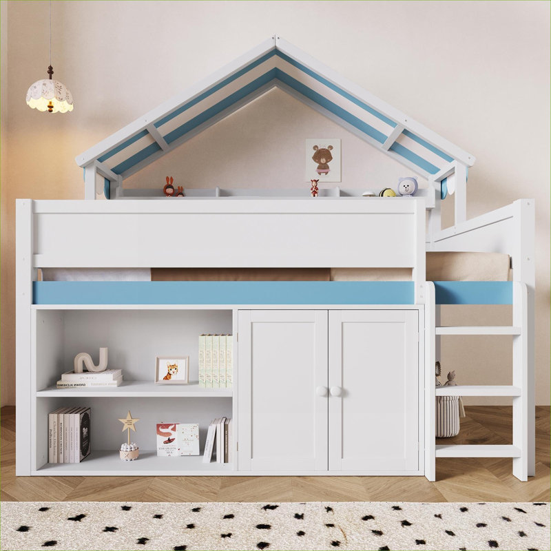 Lit mezzanine double en bois massif avec armoire de rangement sous le lit, White/Blue