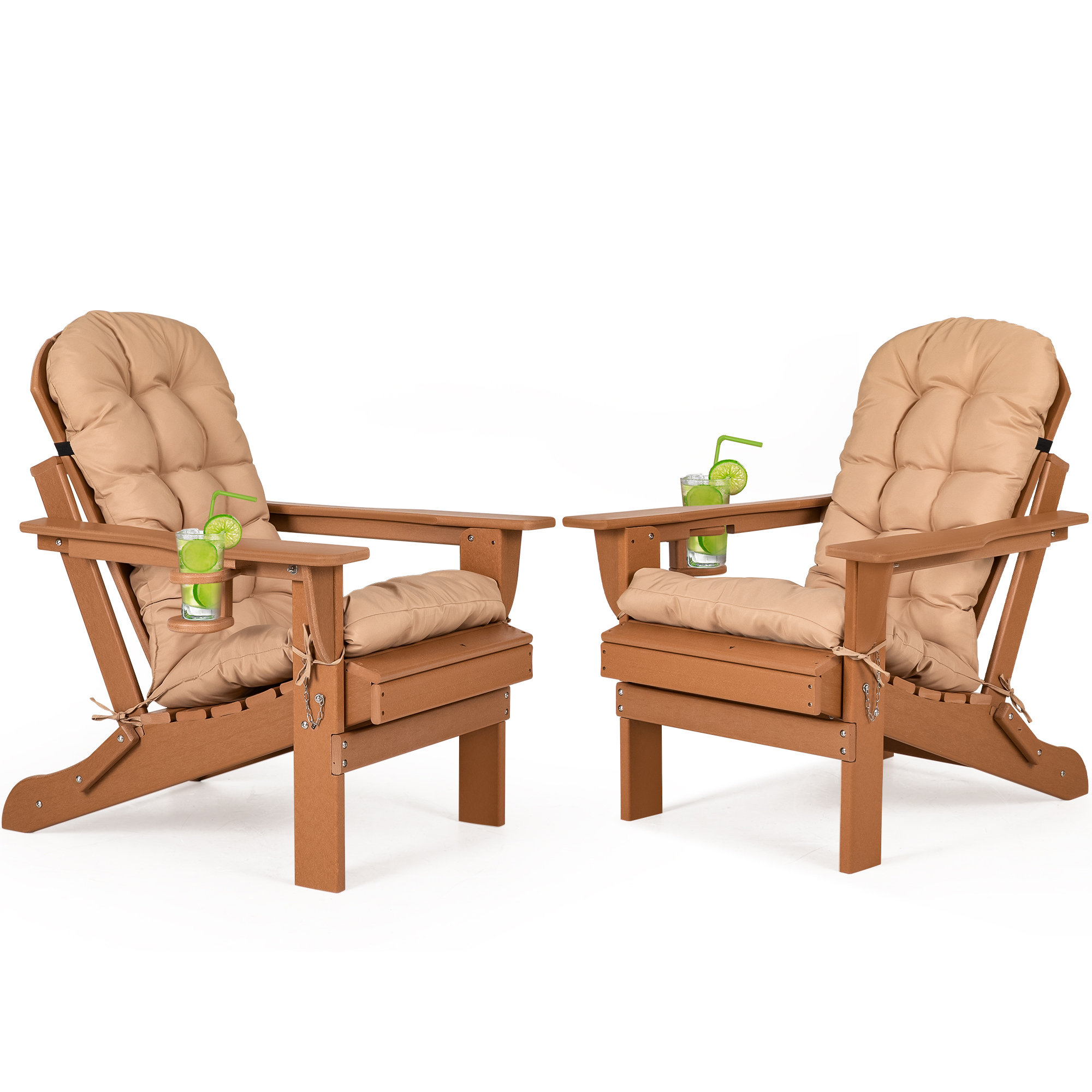 Folding Adirondack Chairs Set Of 2 With Cushion, Hdpe Oversized Patio Chair Weather Resistant - Teak