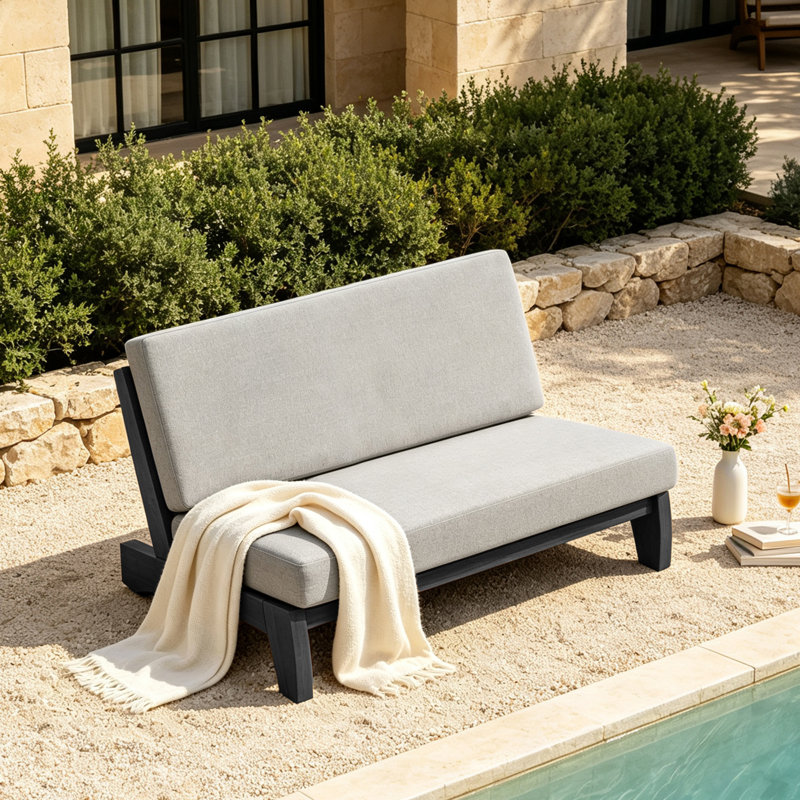 Chaise longue d'extérieur en bois de teck Polett, Noir, Chameau clair