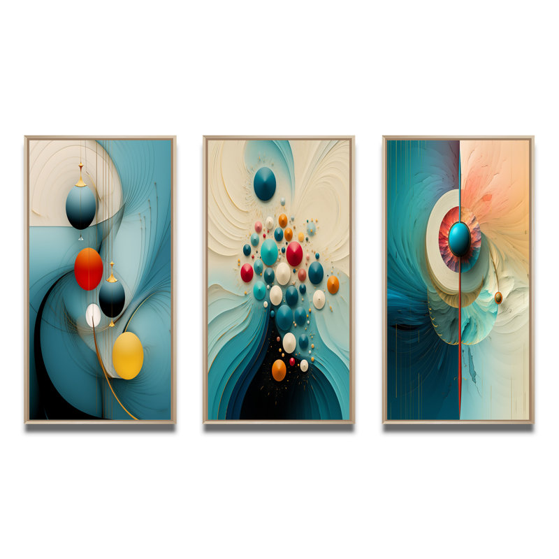 "Géométrie de la sagesse turquoise abstrait rétro" 3 - pièces sur, H 40 po x l 60 po, Cadre naturel flottant