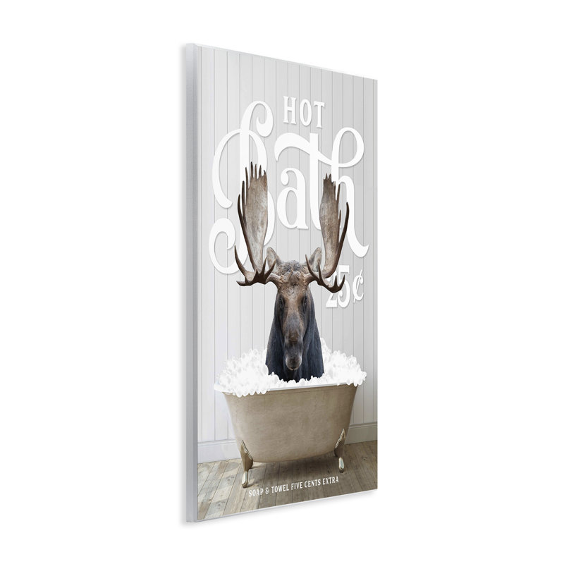 «Vintage Bathroom Moose», affiche sur panneau de fibres à densité moyenne imprimé à lettres et doublées