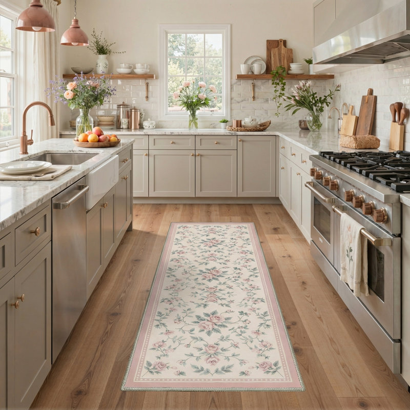 Roselyn Floral Machine Washable Pink / Green / Beige Indoor Area Rug with Non-Slip Backing, Runner 2'6" x 8'