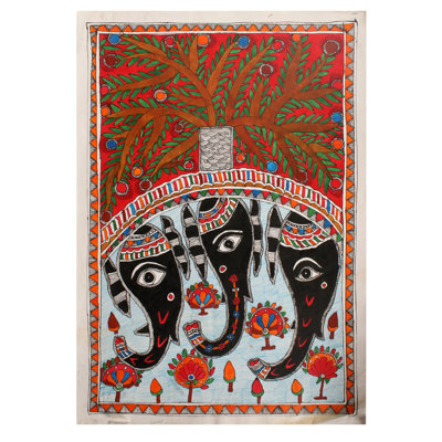 Visage de trois éléphants noirs | Peinture Madhubani | Couleurs naturelles sur papier fait à la main