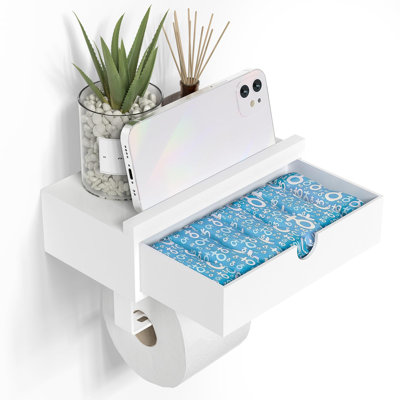 White Toilet Paper Holder With Shelf - Wall Mount/ Bamboo Wood Tissue Toilet Paper Roll Holder, Small