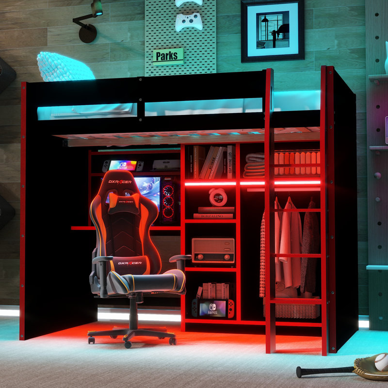 Lit mezzanine double avec bureau intégré, Rouge