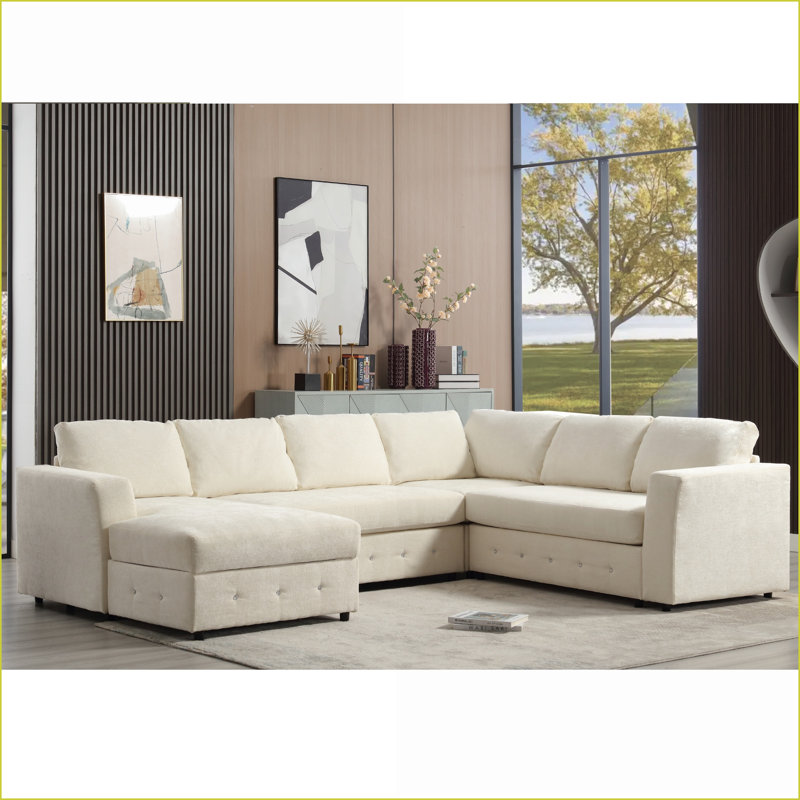 Canapé modulaire, canapé moderne en U en chenille beige de 110,75 po avec méridienne de rangement pour le salon | Beige | Bois