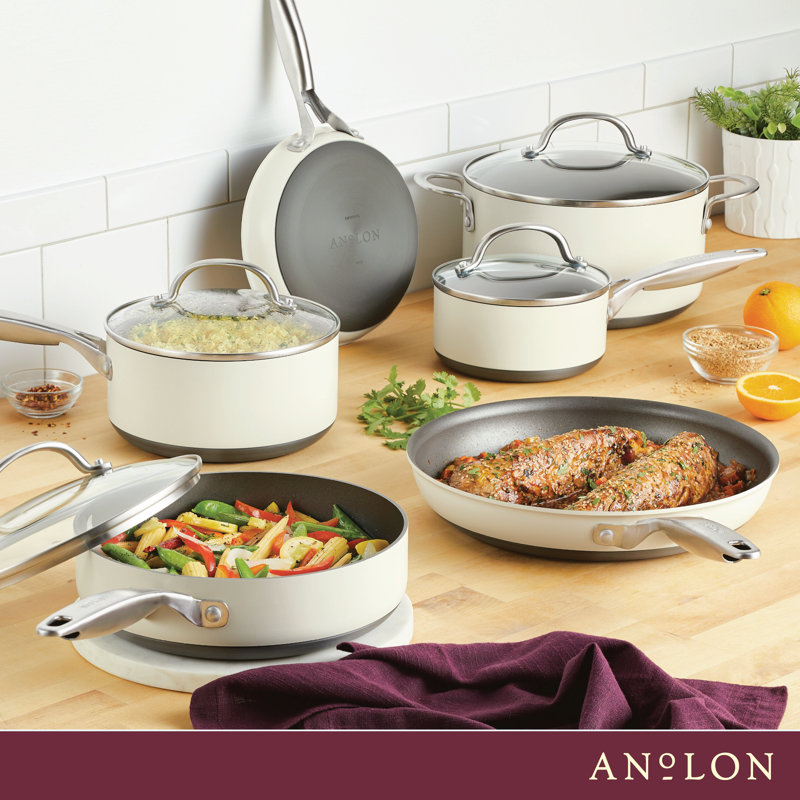 Anolon Achieve Hard Anodized Nonstick Cookware Pots and Pans Set, 10 Piece, Cream