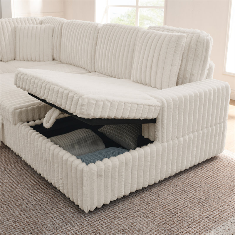 114" U-Shaped Sectional with Storage, Beige Corduroy
