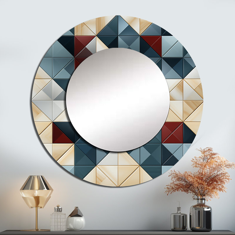 «Rogeli Blue and Gray Cubic Angularity», miroir géométrique, miroir mural rond unique moderne, impression sur métal