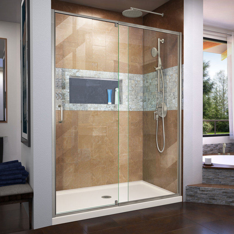 Flex 60" W x 30" D x 74.75" H Semi-Frameless Rectangle Pivot Shower Enclosure with Base Included, Center