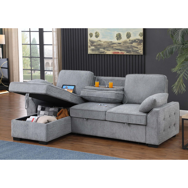 91"W Chenille Fabric Reversible Sleeper Sectional With Storage Chaise, Drop-Down Table, Cup Holders And Charging Ports