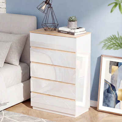 30 Inch Five Drawer Cabinet High Gloss White And Oak Two Tone P2 Particleboard