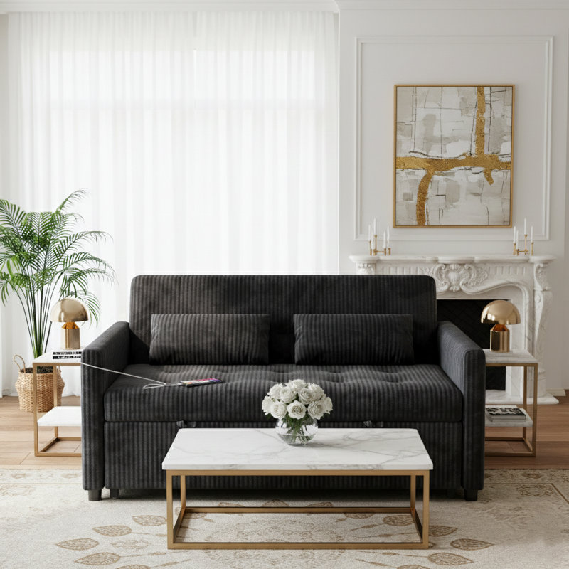 53"Sofa Bed, 3-in-1 Loveseat Sleeper Sofa with Pull Out Bed, Pockets and USB, Modern 2 Seater Convertible Small Couch for Living Room Bedroom Apartment,Corduroy Comfy Couches,Black