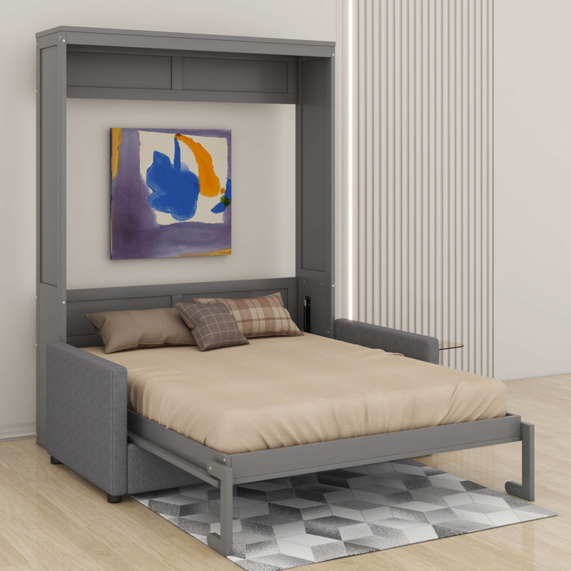 Queen Size Murphy Bed With Cushion, Grey