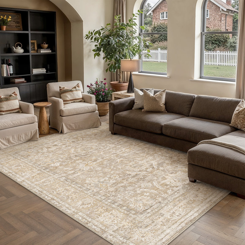 Quinn Vintage Washable Area Rug With Non-Slip Backing, Light Brown, Rectangle 5' x 7'