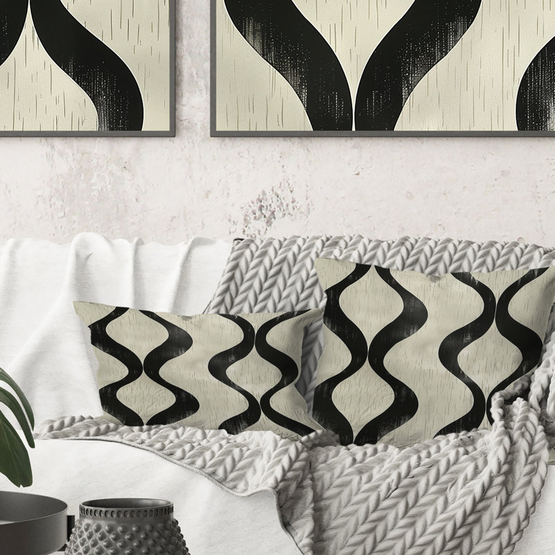 Coussin décoratif noir beige Mid-Century Ogee Print II - Mid-Century, H 16 po x l 16 po