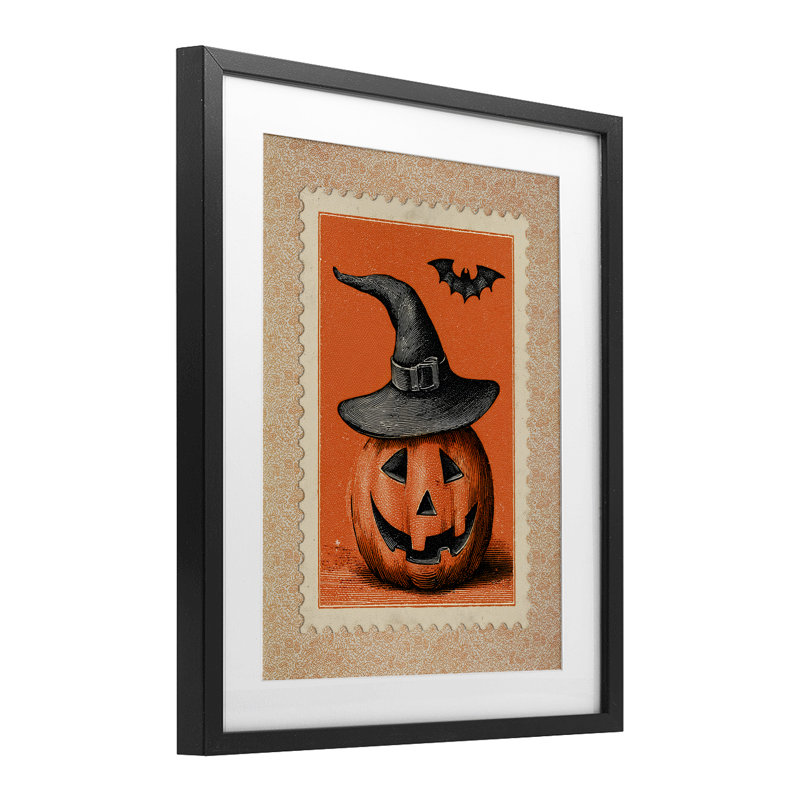 Impression rétro sous verre avec cachet Jack-o-Lantern, design par Arlington Prints, Cadre noir minuit, H 21 po x l 17 po