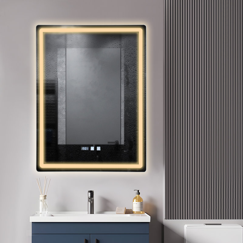 Miroir de salle de bain mural lumineux 23,62 x 31,5 po, antibuée, DEL et commandes tactiles, idéal pour les salles de bain d'hôtels et d'appartements.