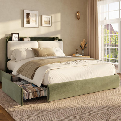 Chenille Fabric Queen Size Bed Frame with 2 Storage Drawers - Green | Upholstered Shelf Headboard, Soft Plump Backrest, Rounded Corners, Drawer Placed Anywhere