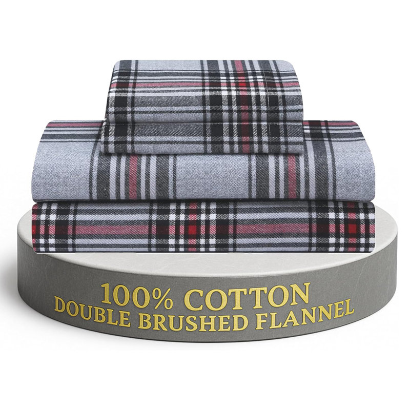 Flannel Sheets Set Double Brushed, Twin Sheet Set + Fitted Sheet + 2 Pillowcases, Anders Plaid