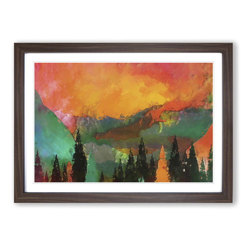 Trees at the Foot of a Setting Sun in Abstract - Picture Frame Painting Print on MDF, Walnut, 35cm H x 50cm W x 2cm D
