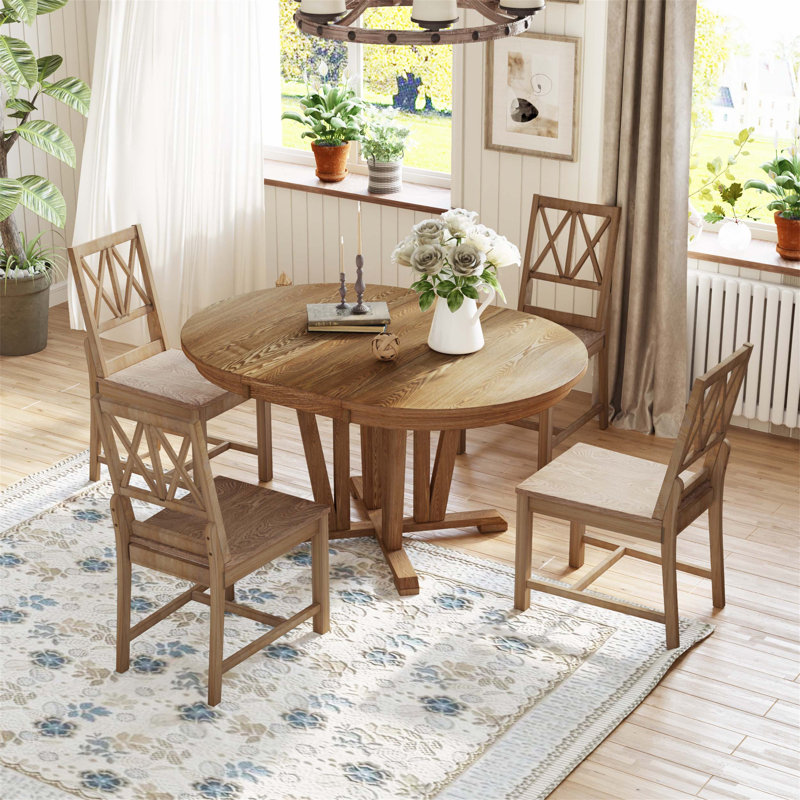 Ensemble de table de salle à manger extensible 5 pièces avec table à tréteaux ronde et chaises à dossier croisé pour la cuisine et la salle à manger
