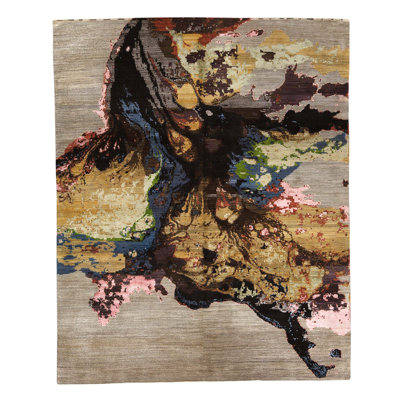Tapis gris / noir noué à la main de conception unique 8 pi x 10 pi One-of-a-Kind