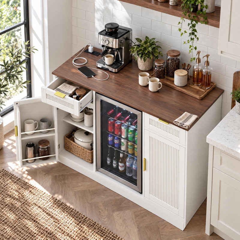 Meuble-bar à café cannelé de 135,5 cm de large avec compartiment réfrigérateur et prise électrique, buffet avec rangement, blanc