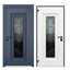 Porte d'entrée extérieure prémontée en acier Ballucio 6044 Gris Graphite, 2 fenêtres latérales et supérieures, inserts en acier inoxydable, style moderne, peinte, dimensions : L 14 + 36 + 14 x H 80 + 16, ouverture à droite vers l'intérieur-109403960-109403959