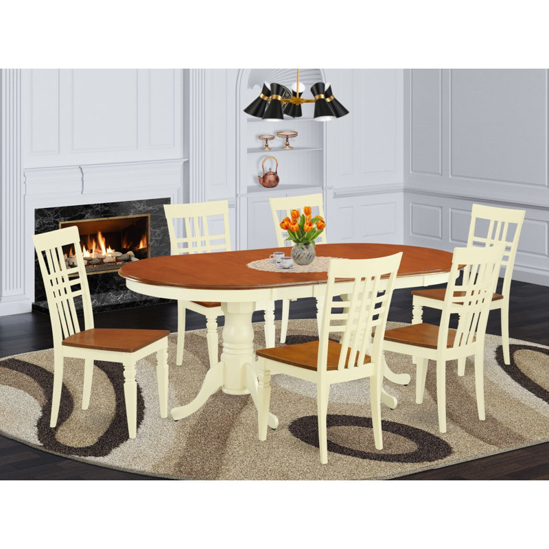 Ensemble de table de salle à manger 7 pièces composé d'une table de salle à manger ovale avec rallonge papillon et 6 chaises en bois, noir et cerise