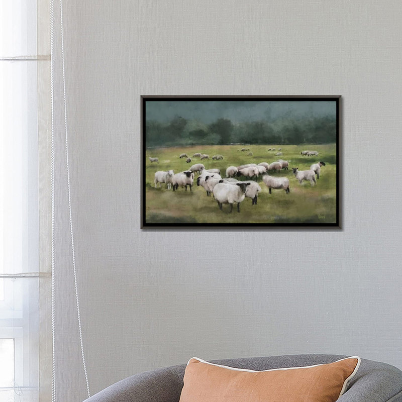 Moody Sheepscape, Dark Rustic Wood Floater Framed Canvas, 18" H x 26" W x 1.5" D, No Mat