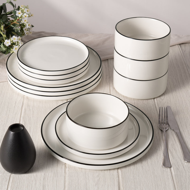 Service de table Jade (assiettes et bols), 12 pièces, pour 4 personnes, Blanc avec rebord noir