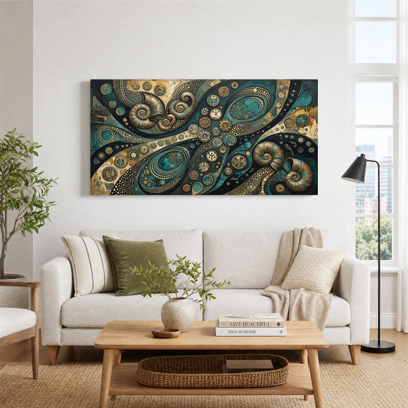 Toile murale abstraite turquoise et or représentant des spirales et des engrenages, 58“W x 28”H