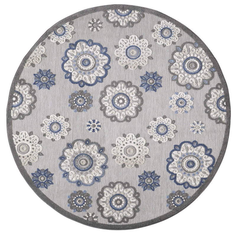 Floral Machine Woven Indoor / Outdoor Area Rug, Round 7'10", Gray