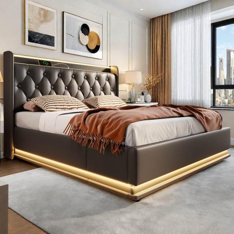 Upholstered Bed With Hydraulic Storage, Usb & Type-c Charging And 360° Surround Led, Full / Double