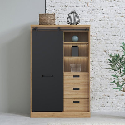 Angol 104cm Display Cabinet with 3 Drawers and LED Lighting - Waterford Oak and Black