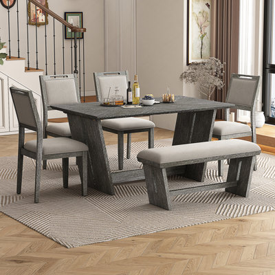 6-Piece Retro Dining Set With Trestle Base, Wood Table For Six Including Bench And Ergonomic Chairs.
